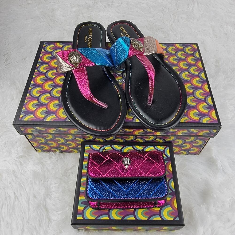 Women Sz 8 Thong Flat Sandals Designer Colorful Metallic Rainbow Slippers Slides